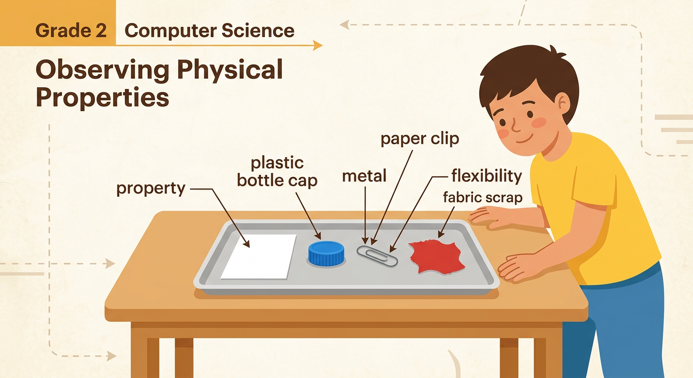 Children safely observe a paper sheet, bottle cap, paper clip, and fabric scrap with close-up property clues.