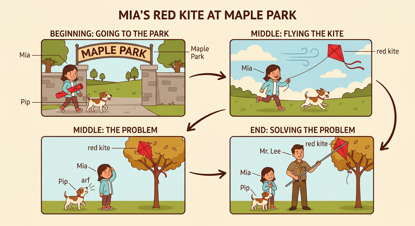 Mia and Pip watch as Mr. Lee uses a long pole to free the red kite from a tree at Maple Park.