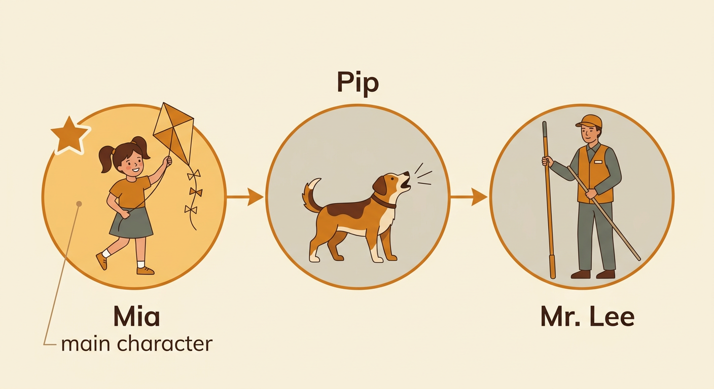 Mia holds her kite beside Pip while Mr. Lee carries a long pole, with each character labeled.