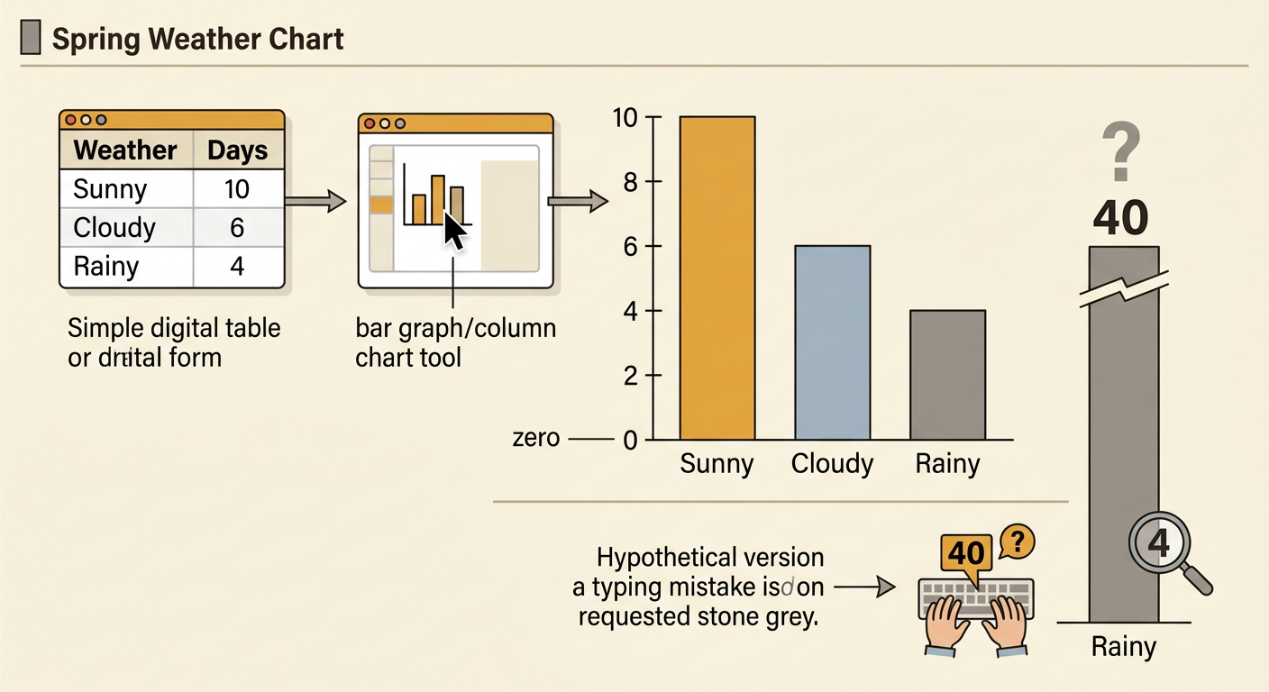 A chart-making program shows a completed weather bar graph with bars reaching 10, 6, and 4 and a clear file name.