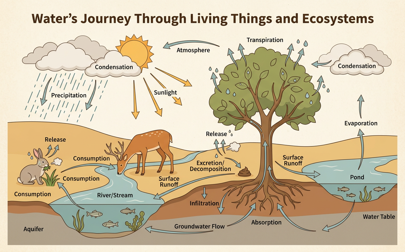 Water’s Journey Through Living Things and Ecosystems