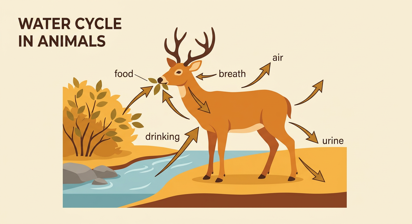 A deer drinks from a stream, eats leaves, and releases water through breath and urine.
