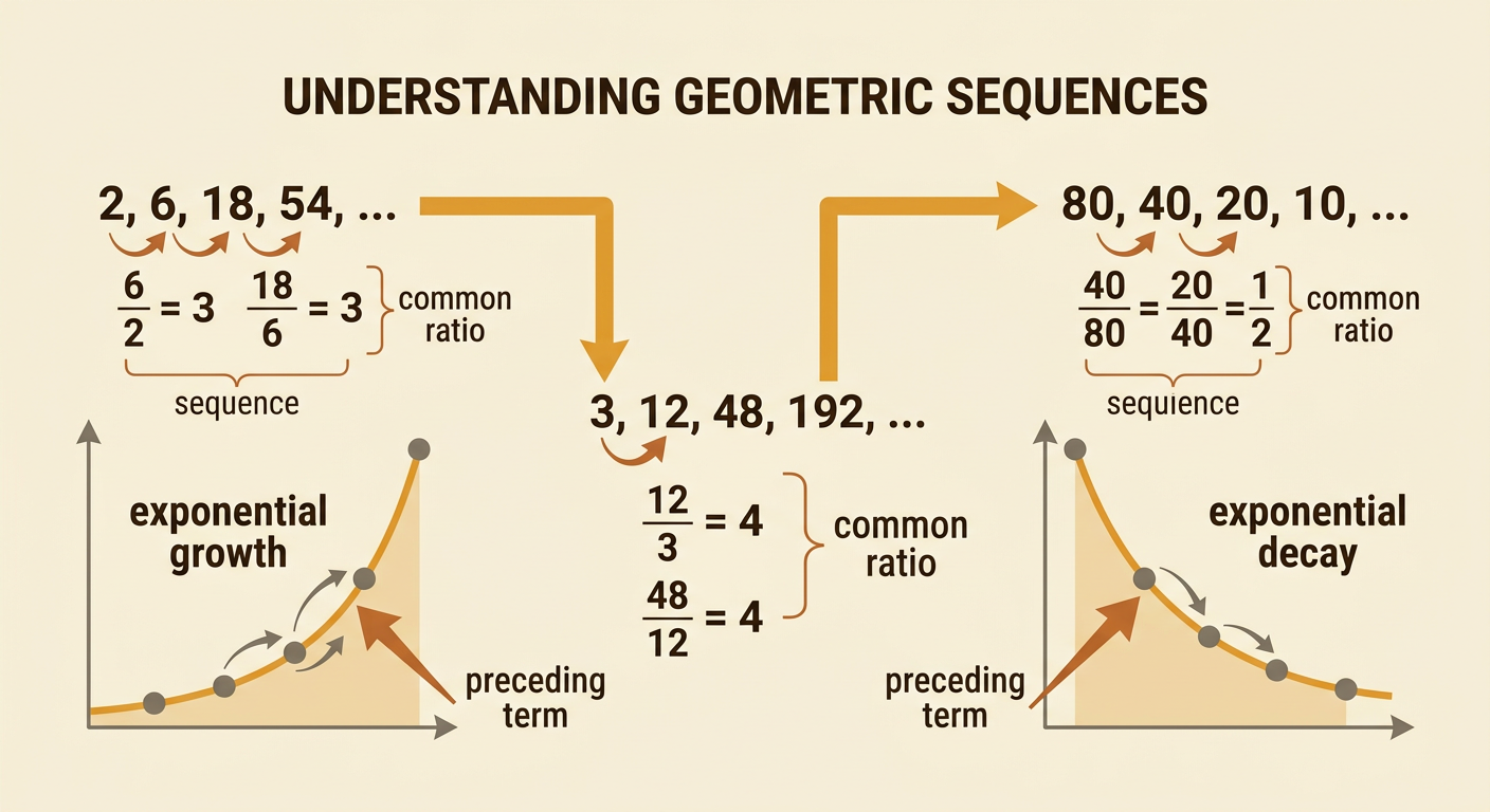 Two geometric sequences show exponential growth by multiplication and exponential decay by repeated halving.