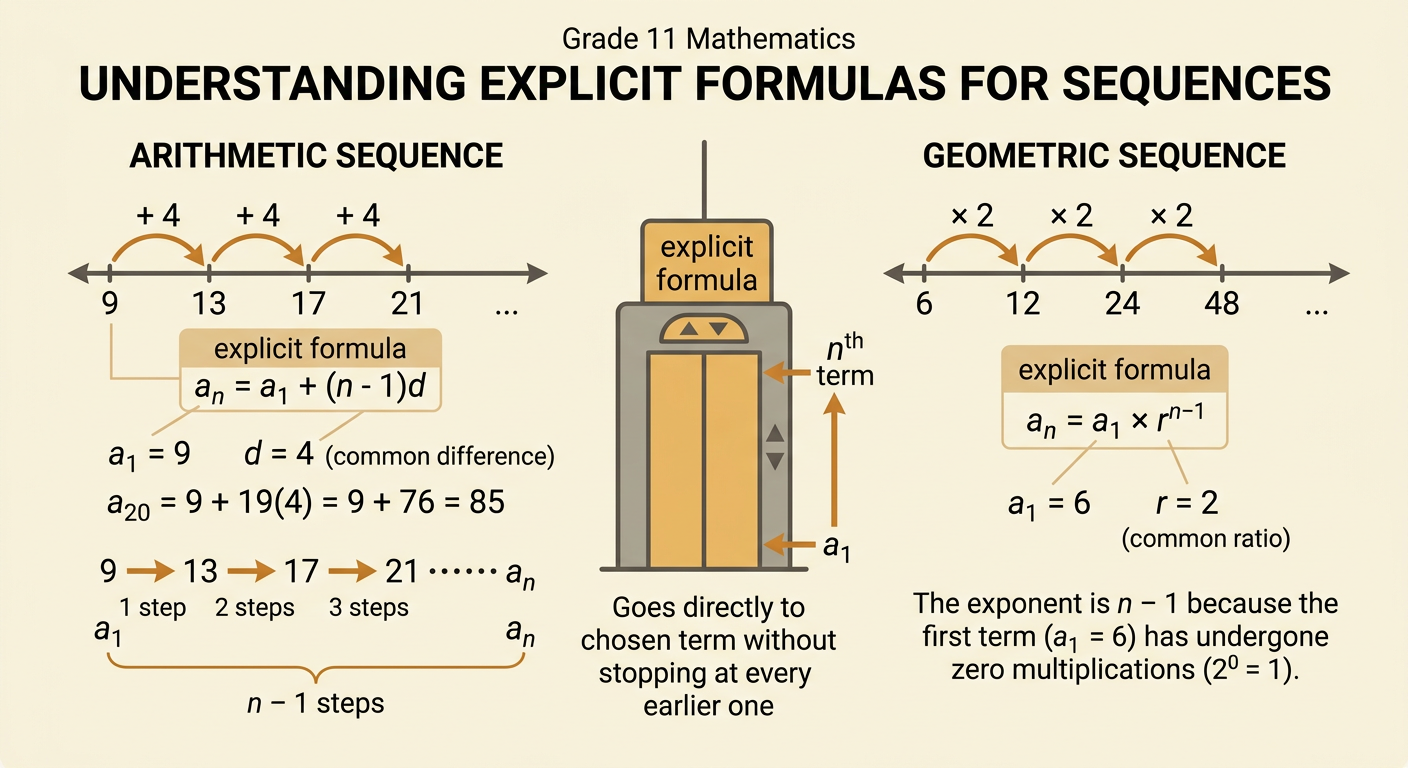 A step diagram shows direct jumps from the first term to a distant arithmetic term and a distant geometric term.