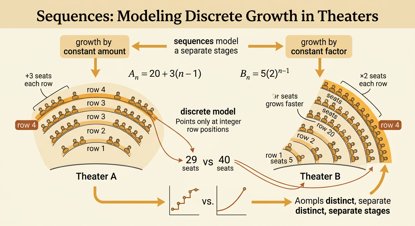 Two theater seating diagrams compare arithmetic growth in Theater A with geometric growth in Theater B through row 4.
