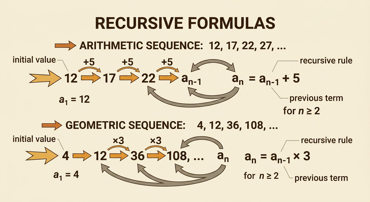 A flow diagram shows how an initial value and recursive rule use the previous term to generate each new term.