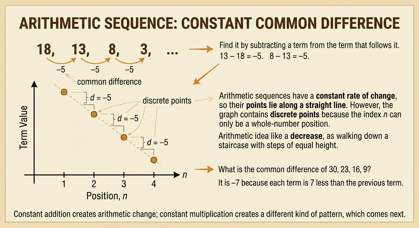 The sequence 18, 13, 8, 3 and its discrete graph show a constant common difference of negative 5.