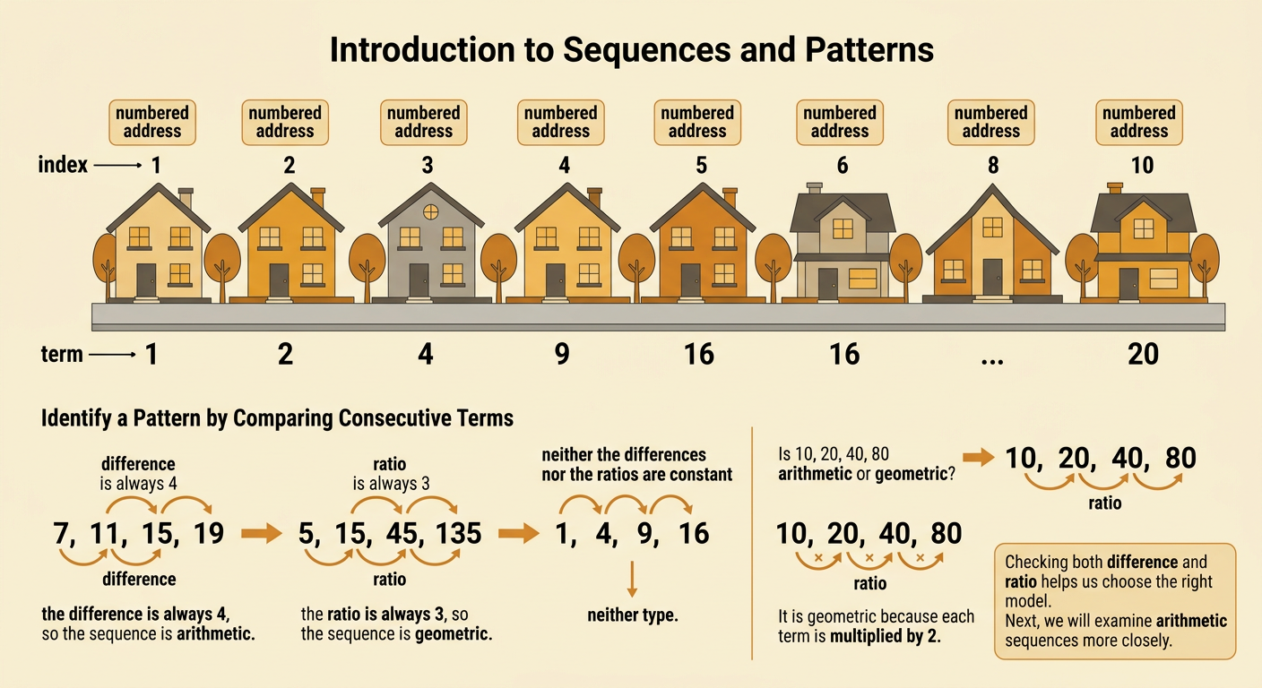 A comparison chart shows indexed terms, constant differences, and constant ratios for several sequences.