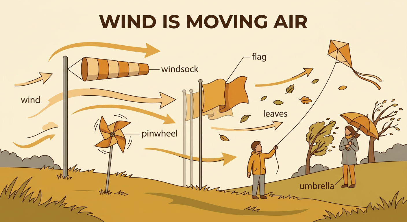 Wind moves leaves, spins a pinwheel, waves a flag, and stretches a windsock near a child holding an umbrella.