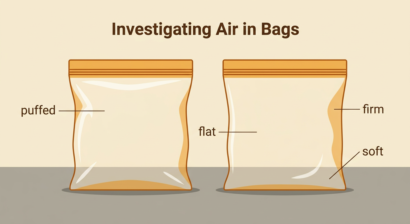One finger presses a puffed zipper bag beside a flat zipper bag on a table.