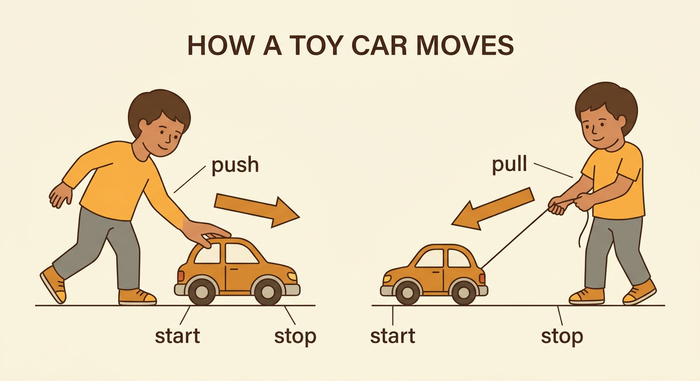 A child safely pushes a toy car away and pulls it back with a string between marked starting and stopping spots.