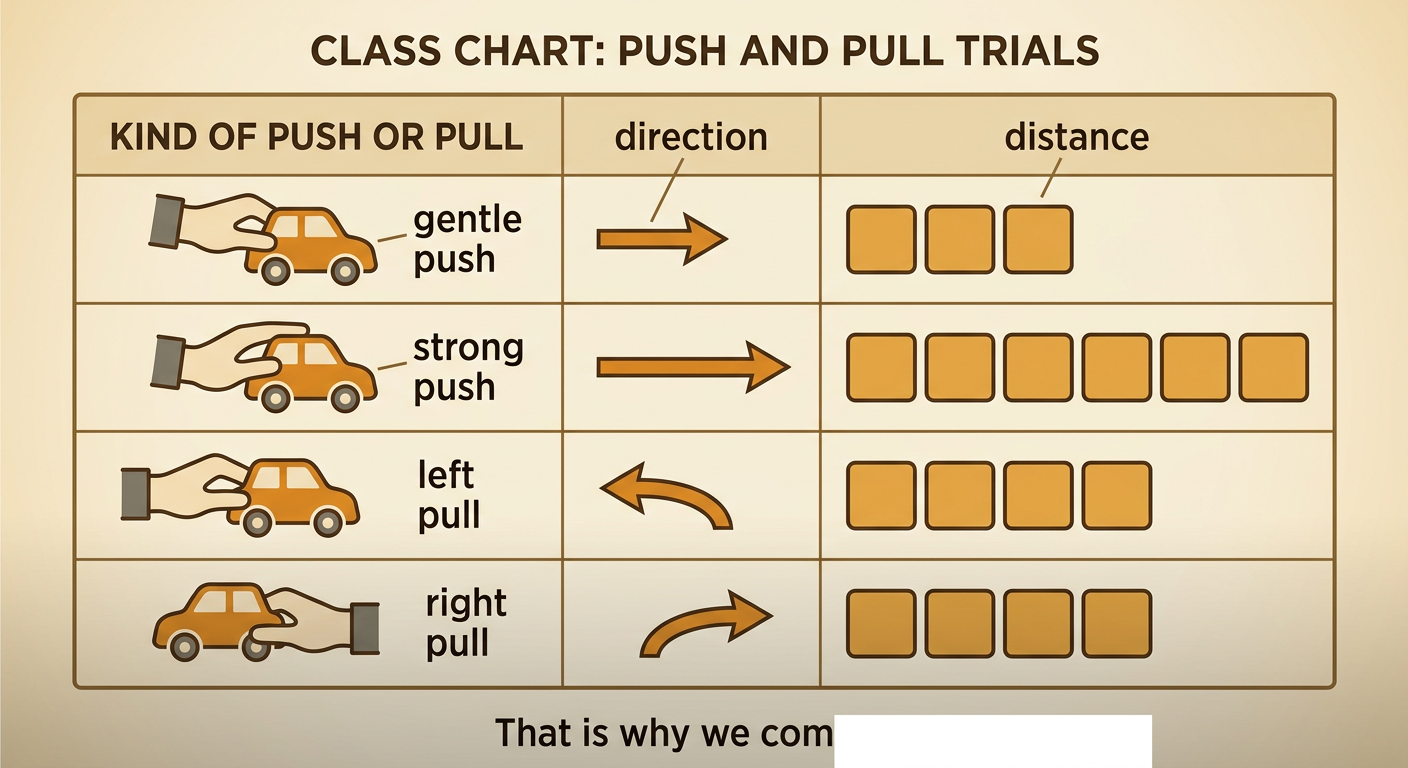 A simple class chart compares gentle and strong push distances and left and right pull directions.