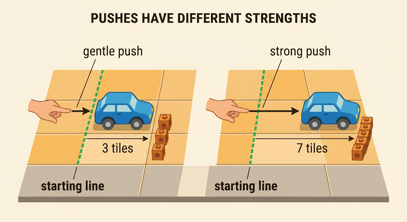 The same toy car travels three tiles after a gentle push and seven tiles after a strong push from one starting line.