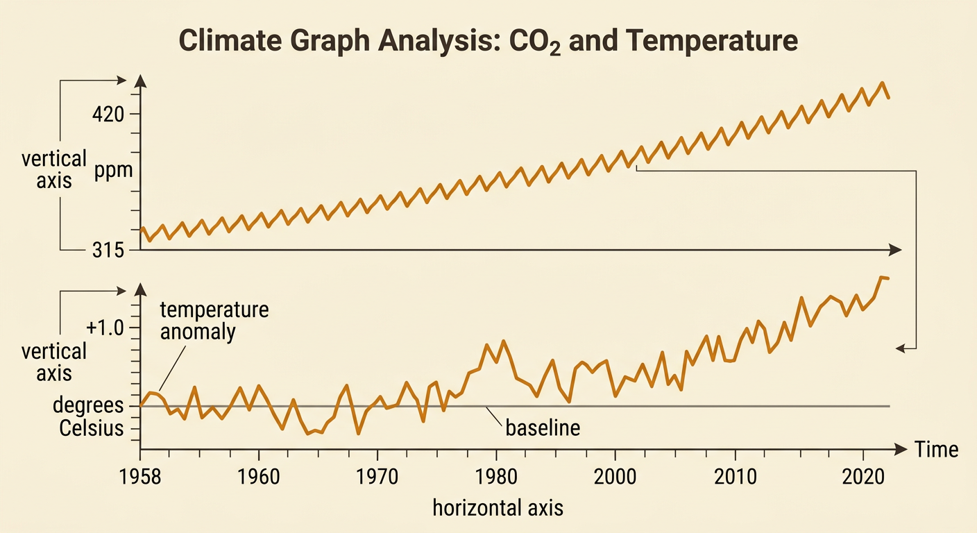 Two aligned climate graphs show atmospheric carbon dioxide in ppm and temperature anomaly relative to a baseline over time.