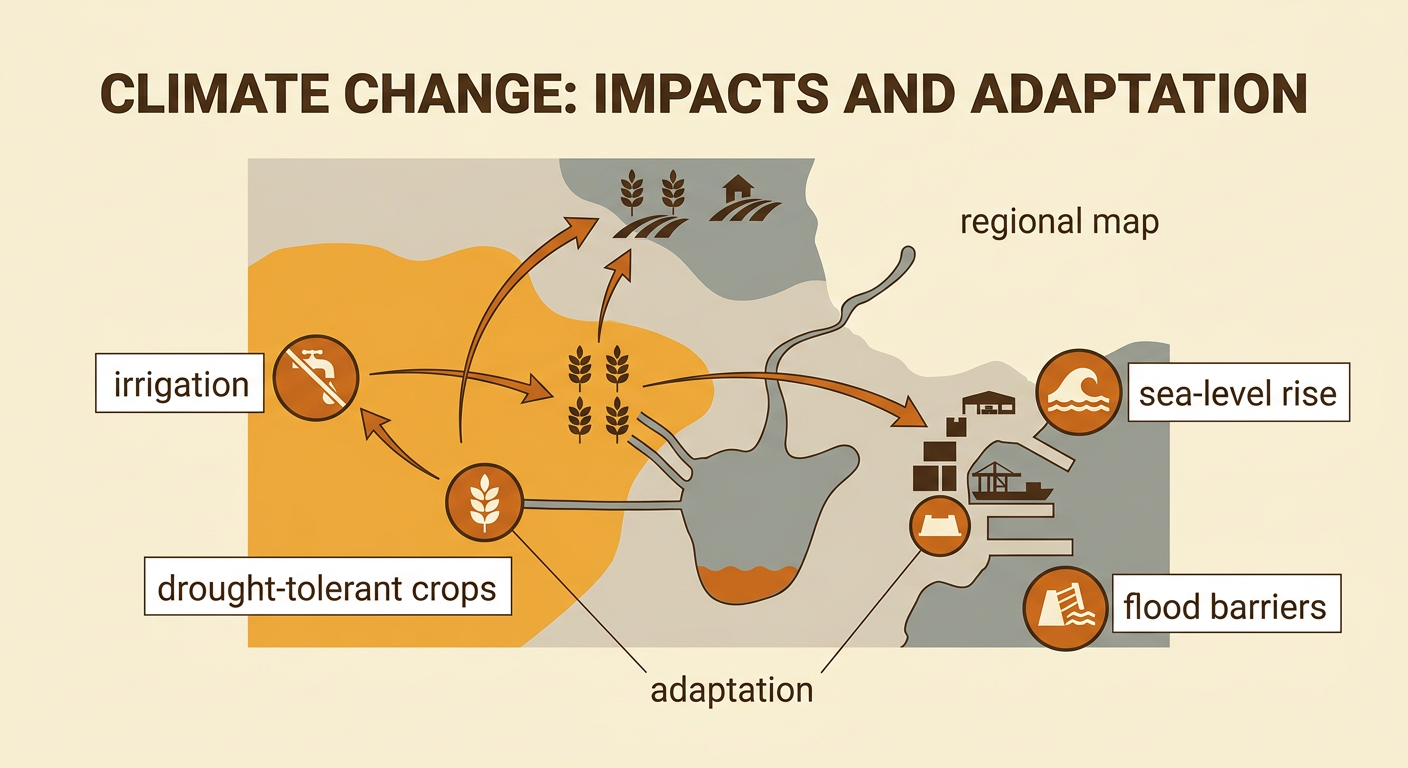 A regional landscape shows a dry farm changing its water use and crops while a coastal port prepares for higher seas.