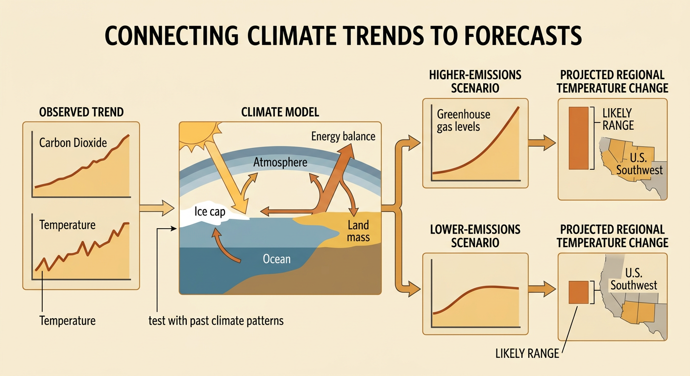A forecast flow diagram links an observed carbon dioxide trend and emissions scenario to a modeled likely range of extreme heat in the U.S. Southwest.