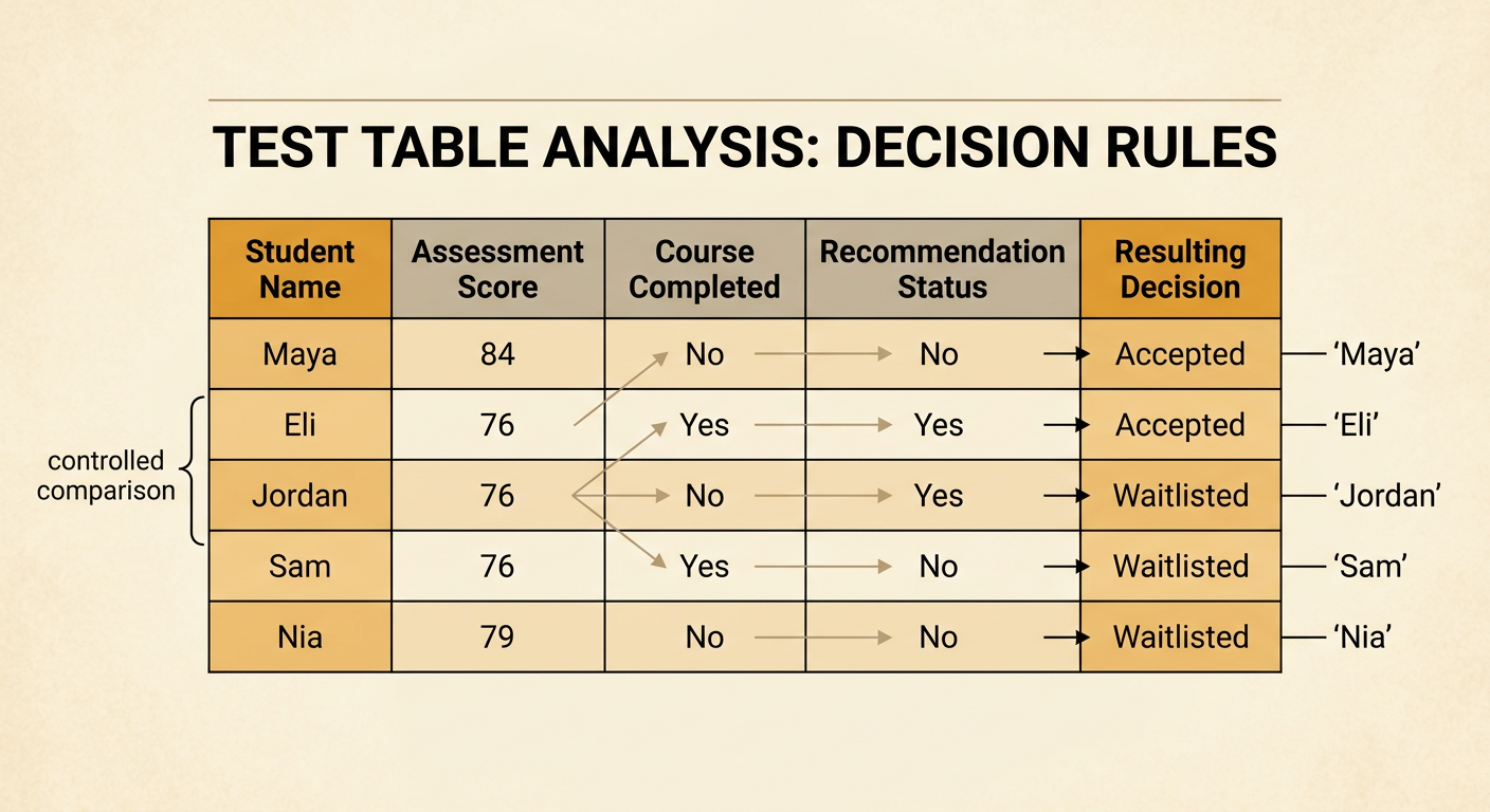 A comparison table displays the inputs and outputs for five internship applicants.