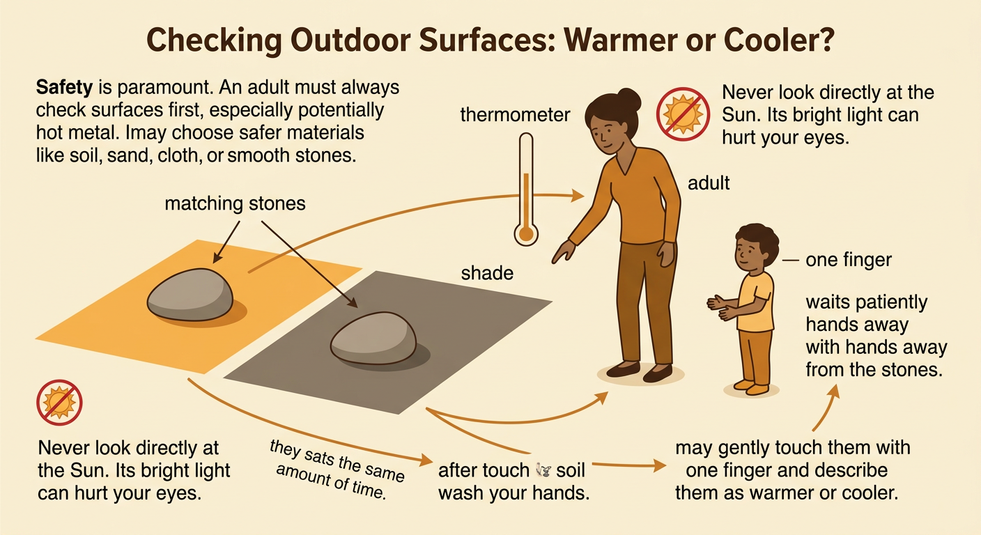 An adult uses a thermometer to check two matching stones before a child gently touches one.