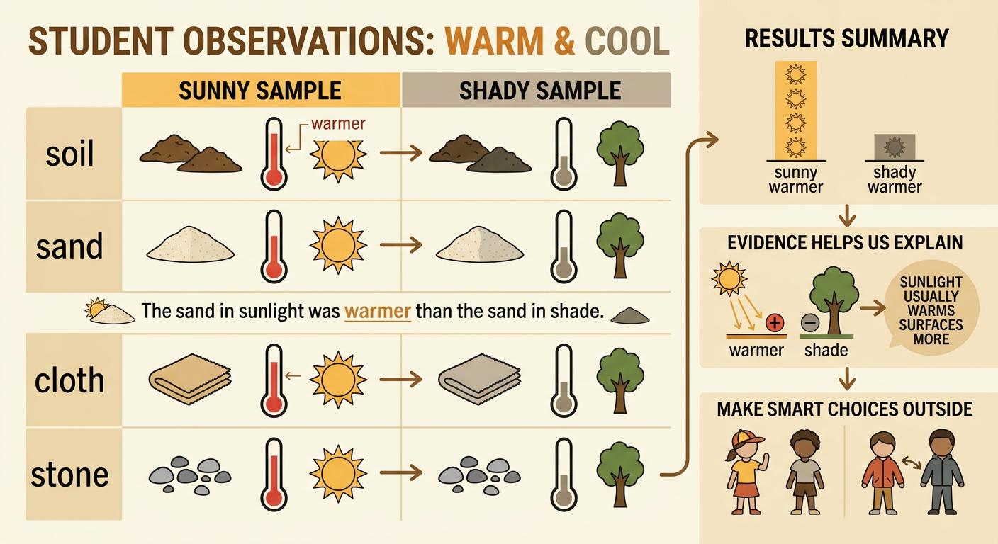 A class chart records soil, sand, cloth, and stone samples, with Sun pictures marking warmer results.