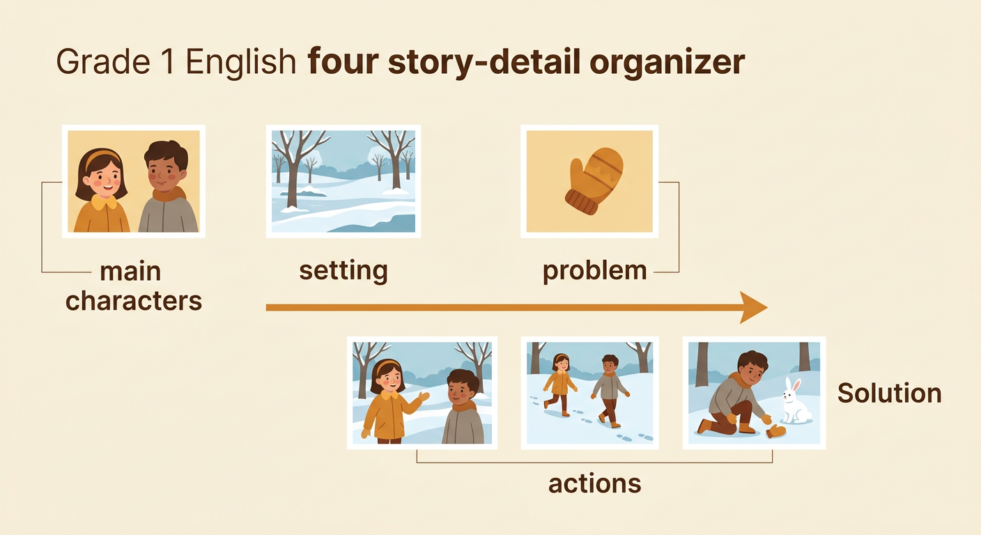 A story diagram connects the main characters and setting to the lost mitten problem, search actions, and solution.