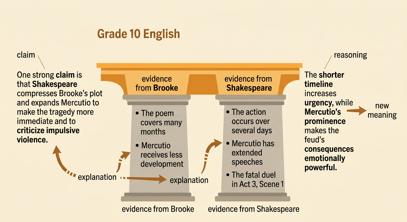 An argument diagram links a focused claim to evidence from Brooke, evidence from Shakespeare, and explanatory reasoning.