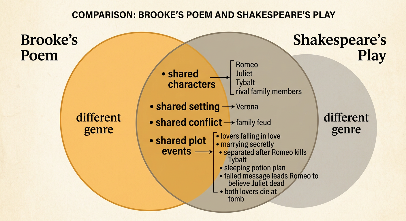 A comparison chart displays the major characters, setting, conflict, and plot events shared by Brooke’s poem and Shakespeare’s play.