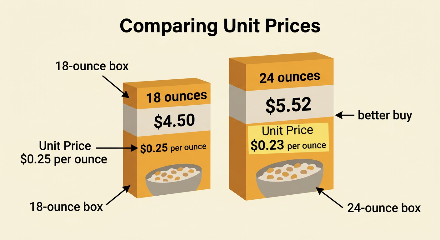 Two cereal boxes of different sizes display their total prices and calculated prices per ounce.