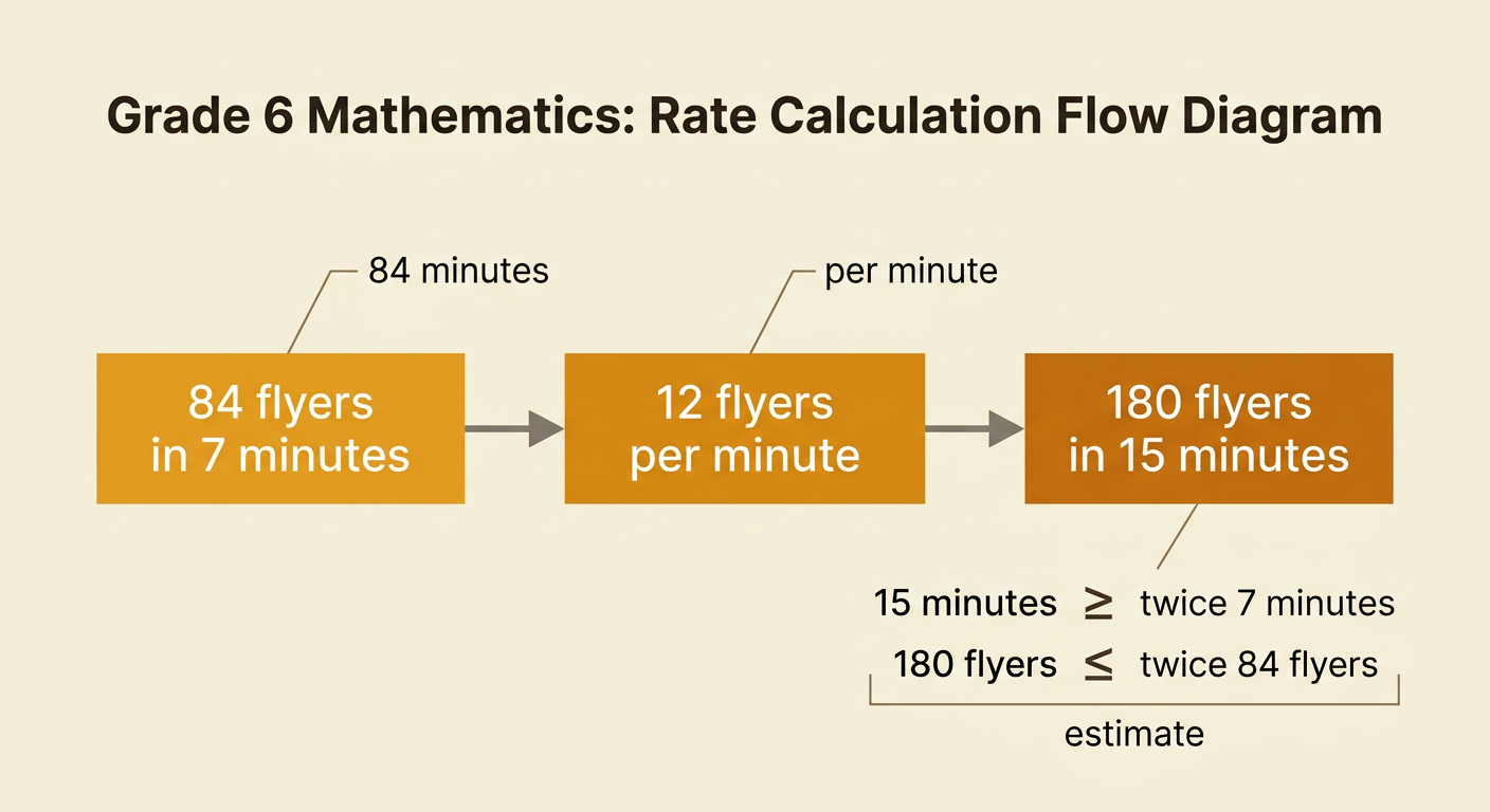 A printer produces stacks of flyers while a calculation and estimate connect seven minutes to fifteen minutes.