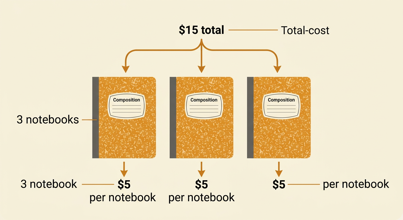 Three notebooks share a fifteen-dollar total equally, showing five dollars assigned to each notebook.