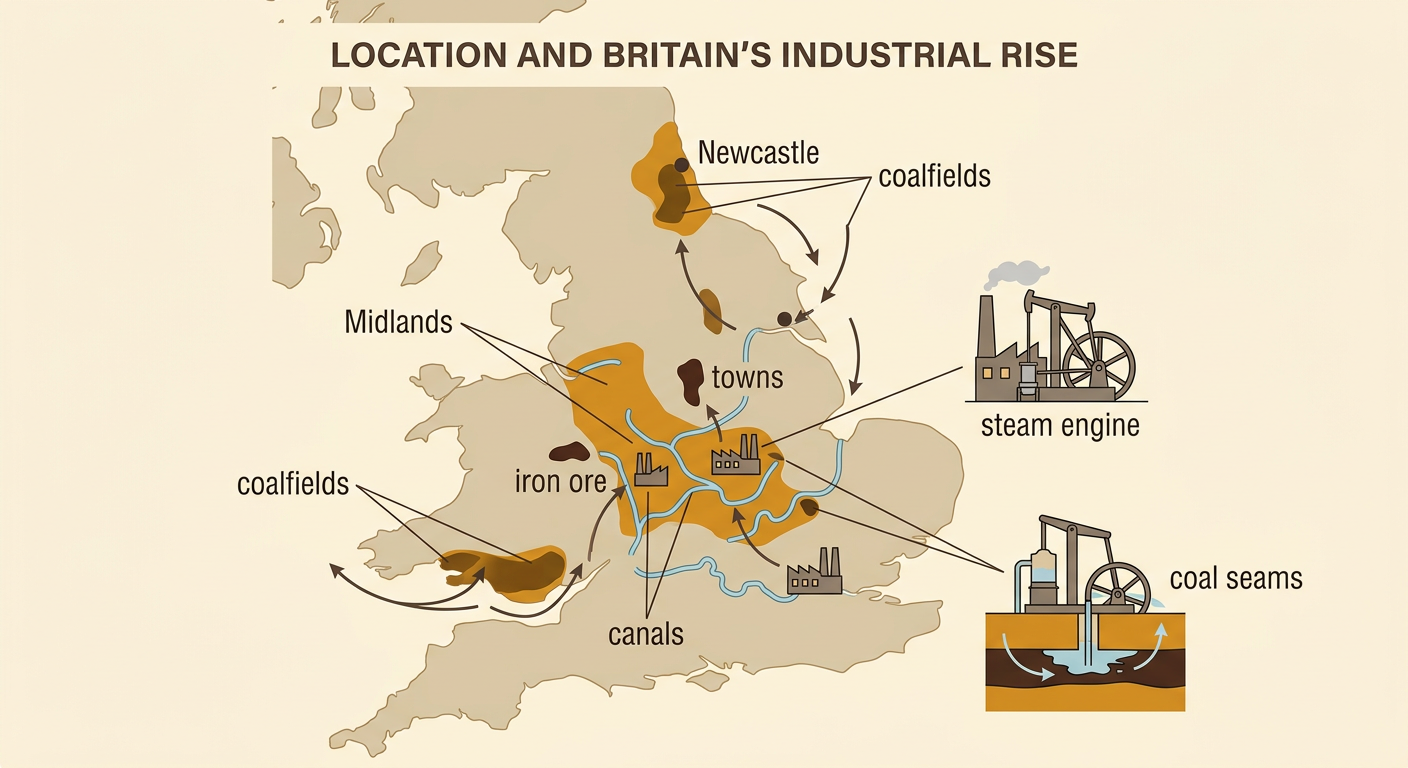 A map of central Britain shows coal and iron resources connected by canals to towns and ironworks.