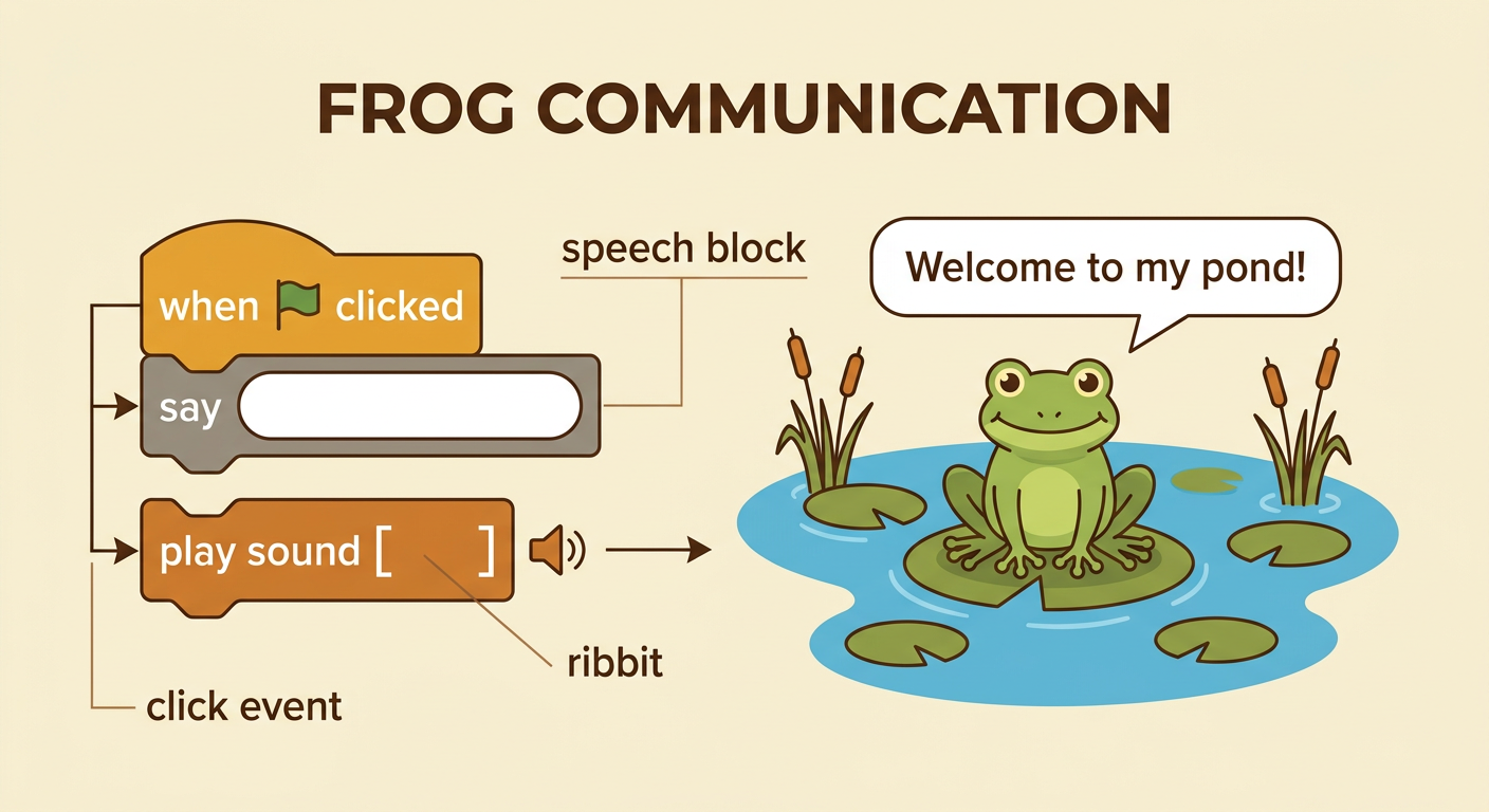 Connected blocks make the pond frog say Welcome to my pond and then play a quiet ribbit sound.