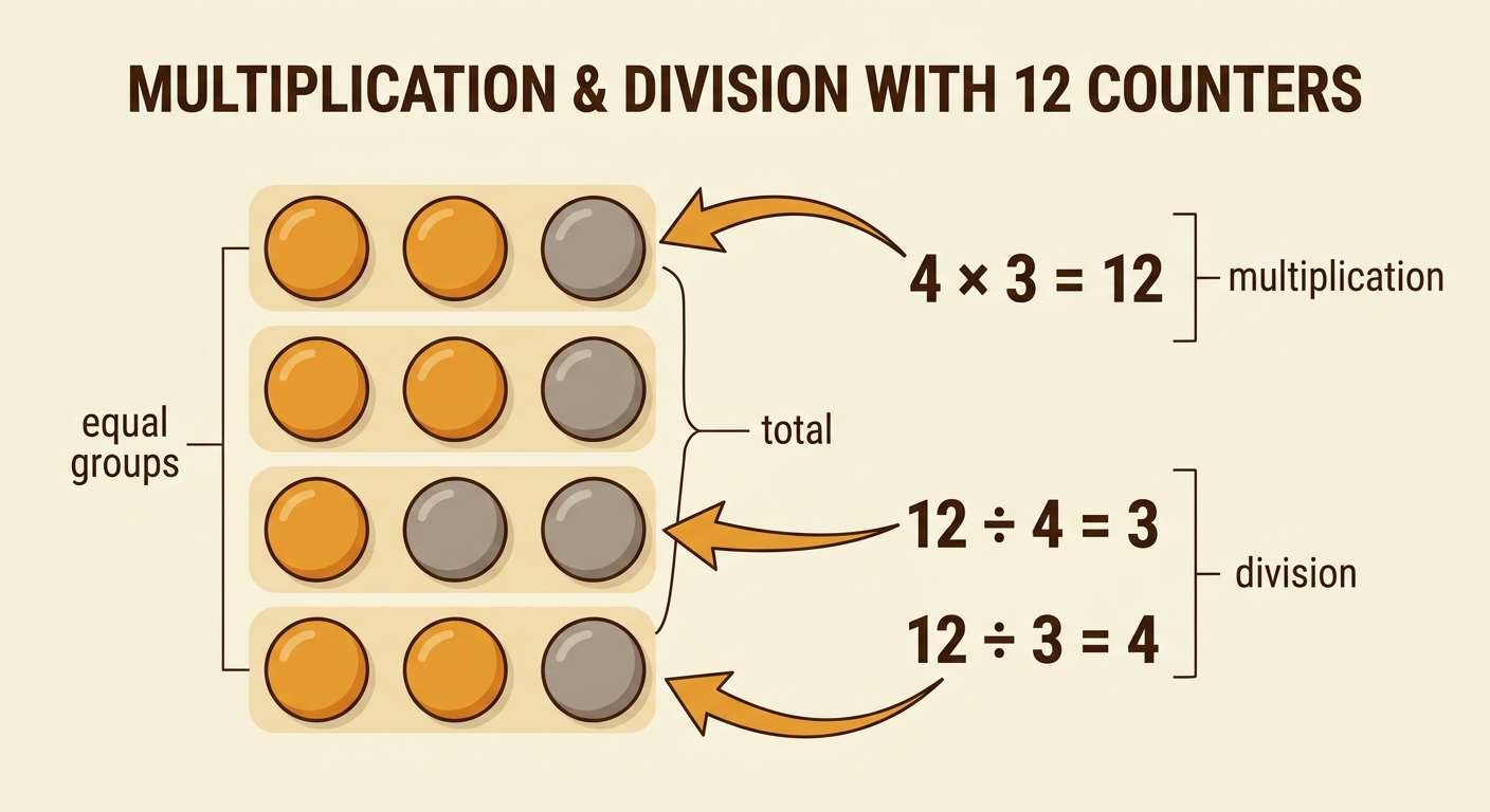 Twelve counters appear in four equal groups of three, with arrows connecting the multiplication and division views.