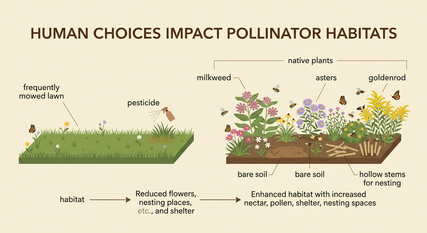 A schoolyard scene contrasts a closely cut lawn with a native pollinator garden full of bees and butterflies.
