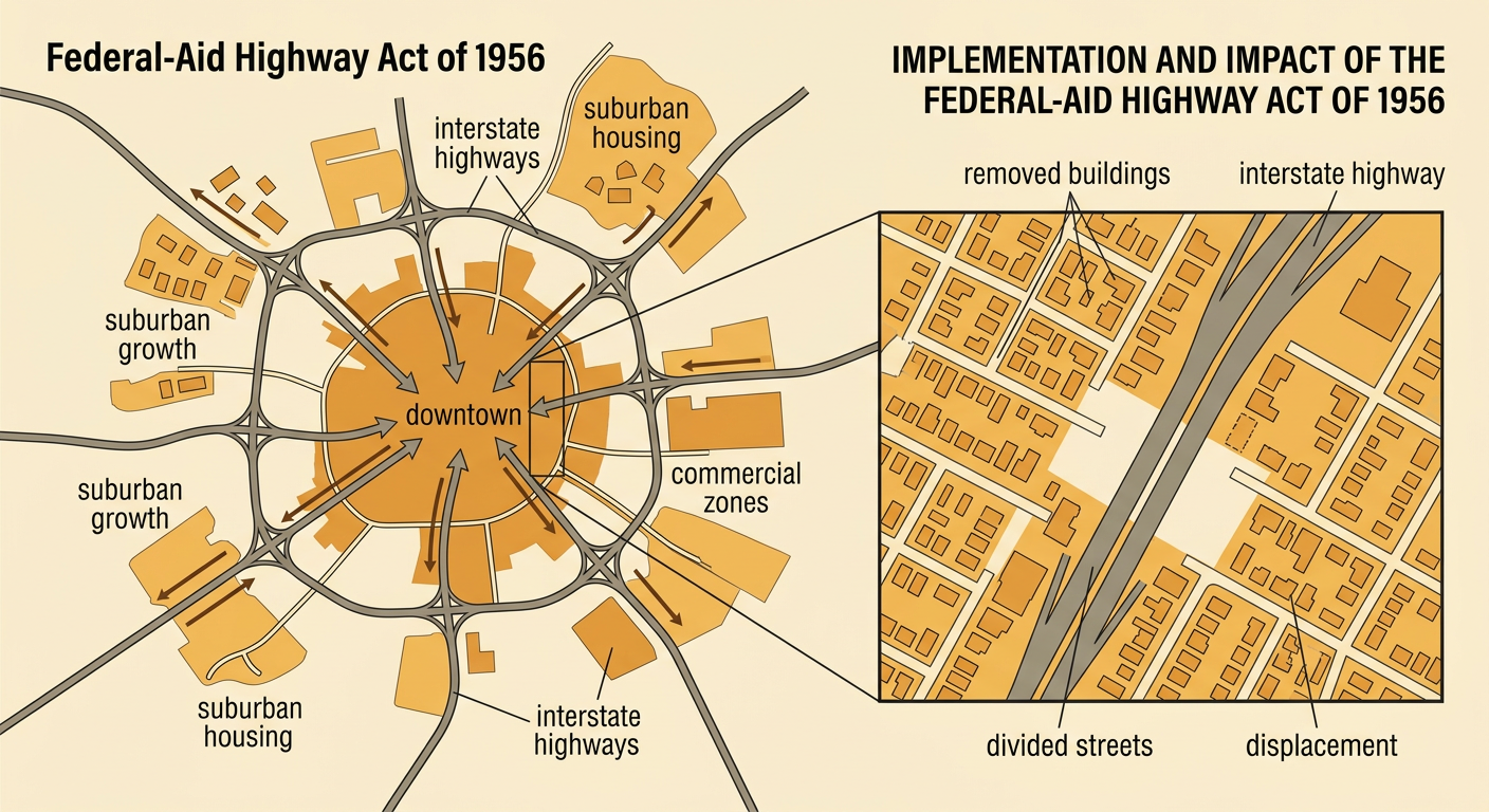 An interstate highway links suburbs to downtown while cutting through and dividing an urban neighborhood.