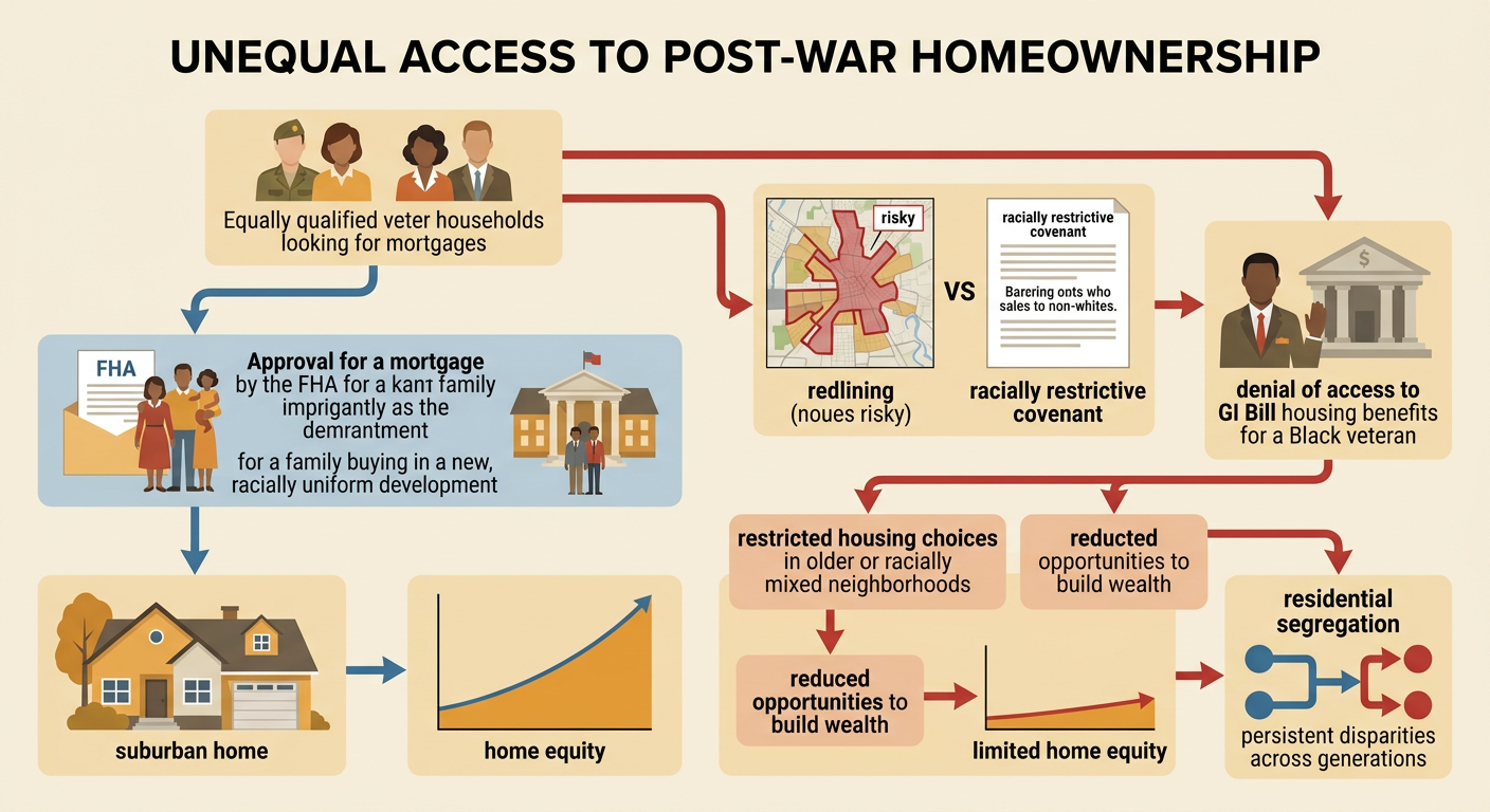 A redlining map, a restrictive housing document, and two veteran families illustrate unequal access to suburban mortgages and home equity.