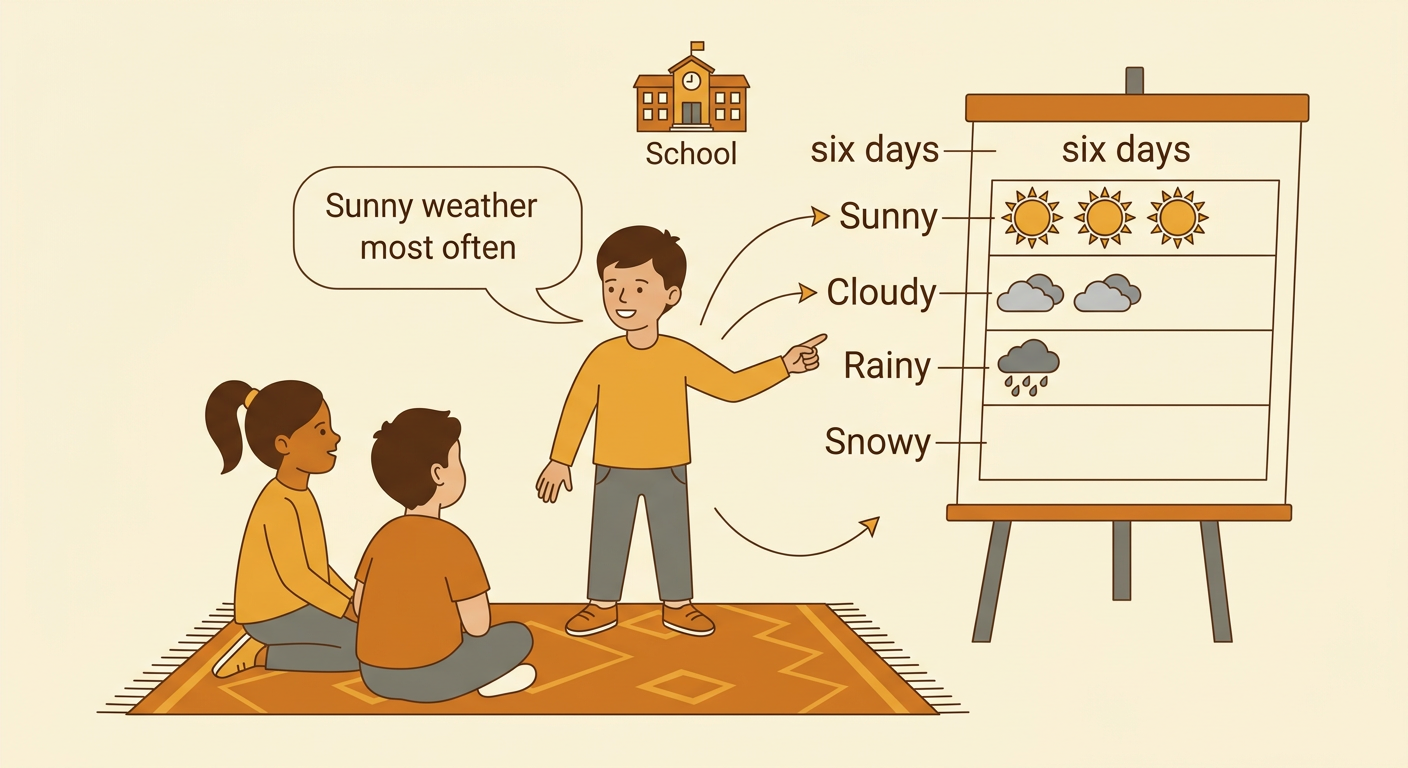 A child presents the six-day weather pictograph and points to the longest Sunny row while classmates listen.
