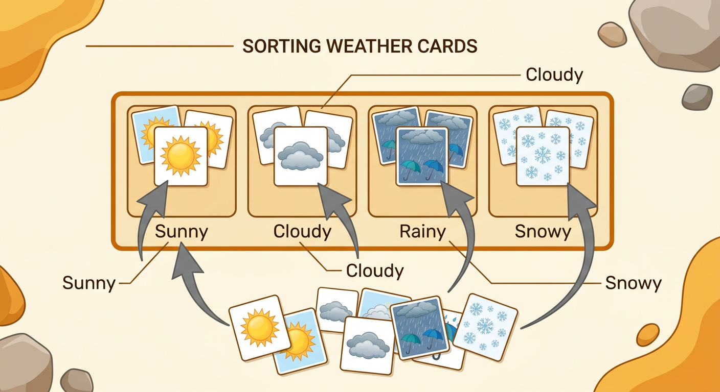 Weather cards are being sorted into four clearly labeled category spaces on a table.
