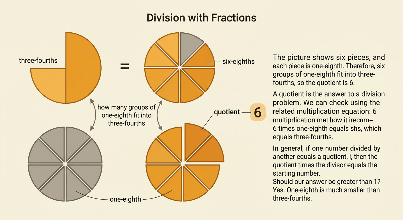 A shaded fraction bar shows that three-fourths equals six one-eighth pieces, so the quotient is 6.