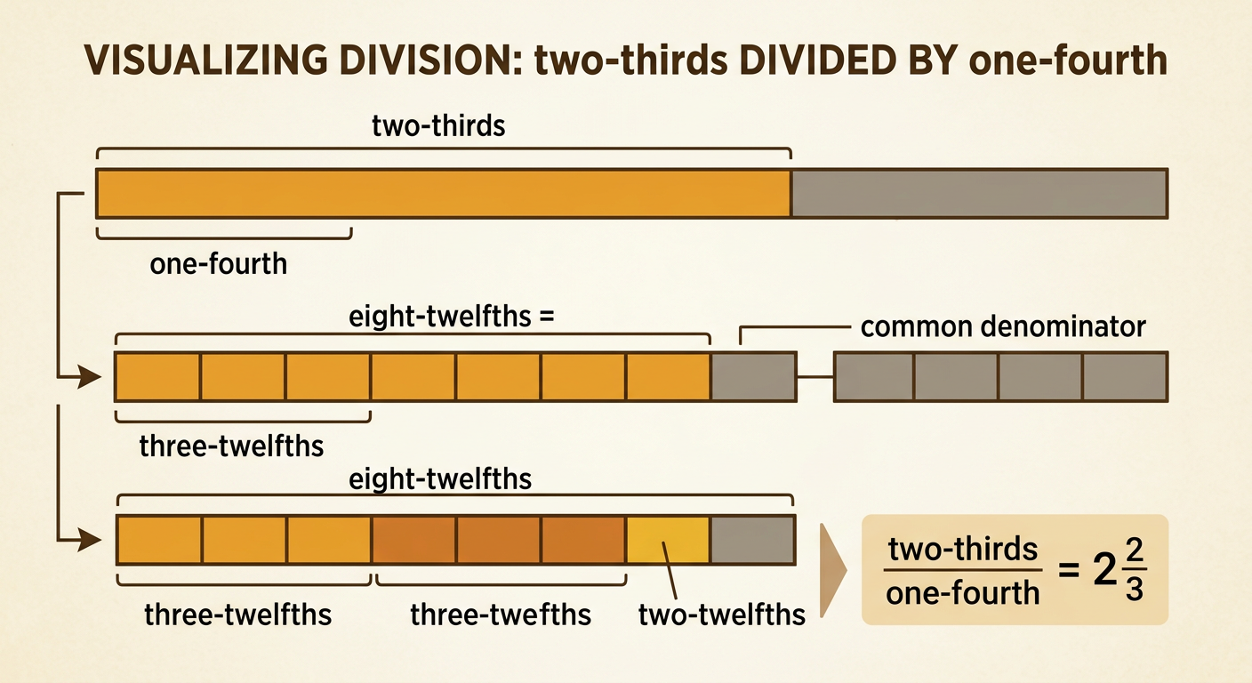 A fraction bar divided into twelfths shows two whole one-fourth groups and two-thirds of another fitting inside two-thirds.
