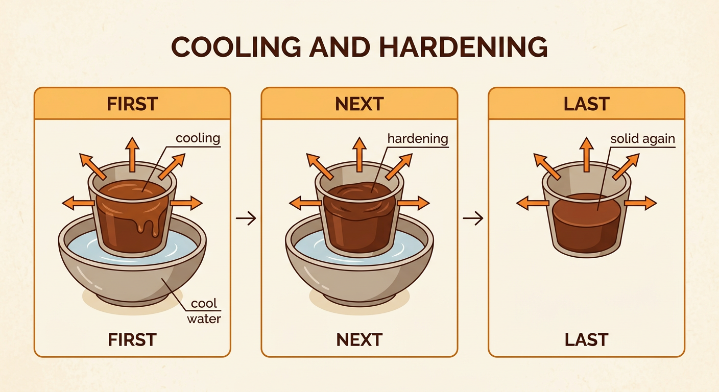 A cooling sequence shows liquid chocolate over cool water becoming thicker, firmer, and solid again.