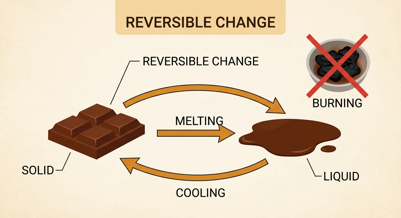 A circular diagram shows solid chocolate melting into liquid chocolate and cooling into solid chocolate again, with burning shown separately.