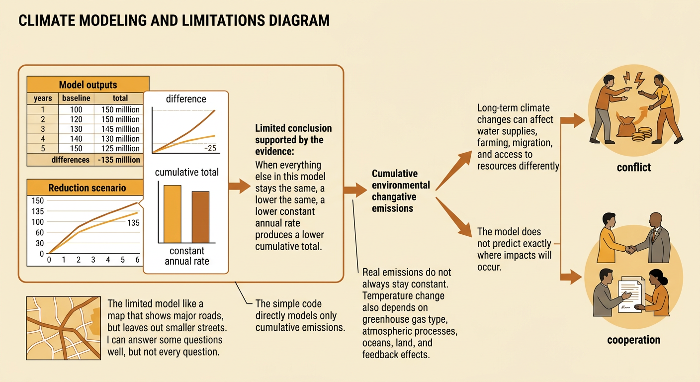 A comparison graph shows the two cumulative totals beside icons representing environmental and social factors outside the simple model.