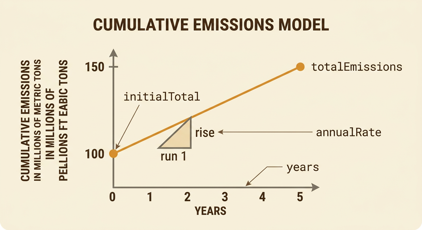 A flow diagram shows the starting emissions, yearly rate, simulation length, and resulting cumulative total for the five-year example.