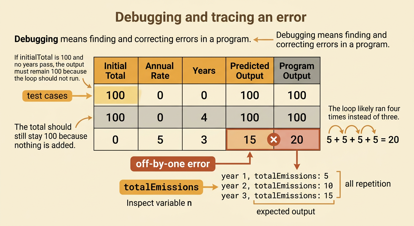 A debugging chart shows three predicted test cases and a trace exposing a fourth, unwanted loop repetition.