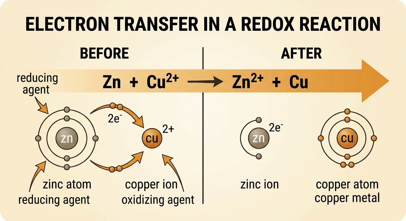 A particle diagram shows zinc atoms transferring electrons to copper ions and forming zinc ions and copper metal.