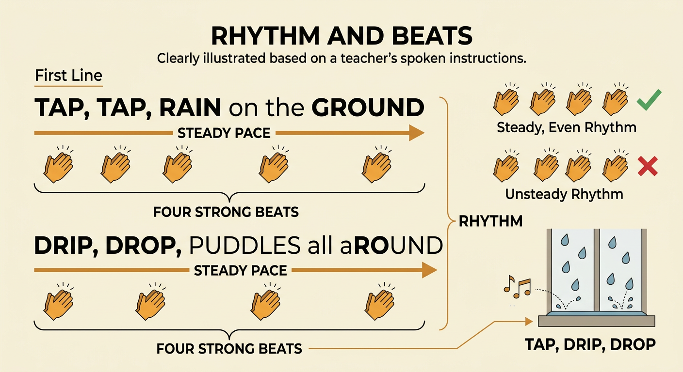 Four clapping hands mark the strong beats in a line while raindrops fall at a steady pace.