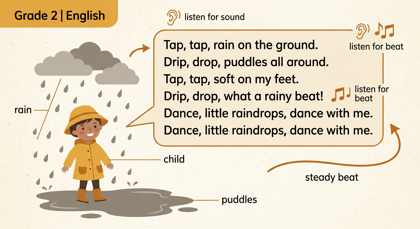 A child dances in puddles as rain falls in a steady pattern.