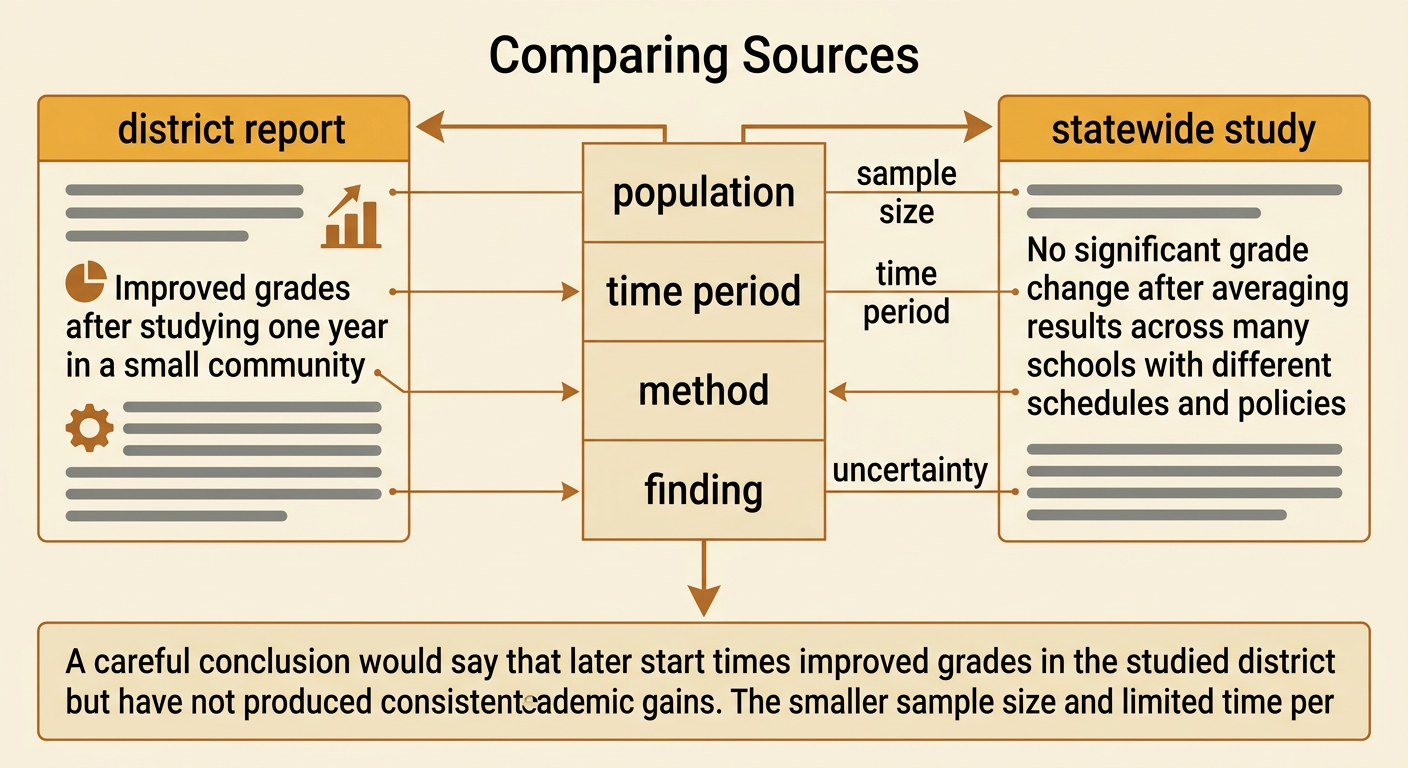 Two study cards compare different findings, populations, sample sizes, and time periods.