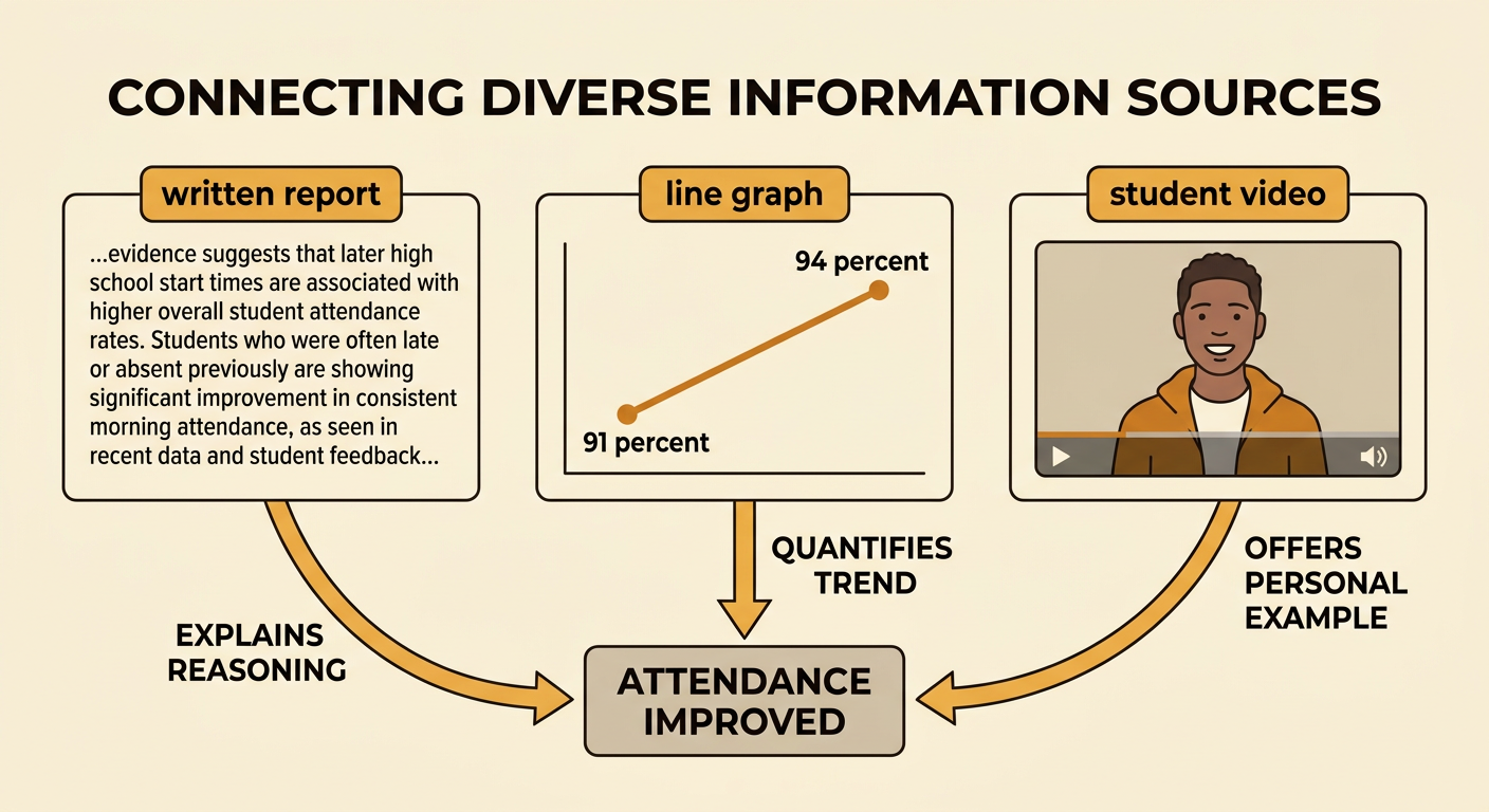 A report, graph, and video contribute different kinds of evidence about improved school attendance.