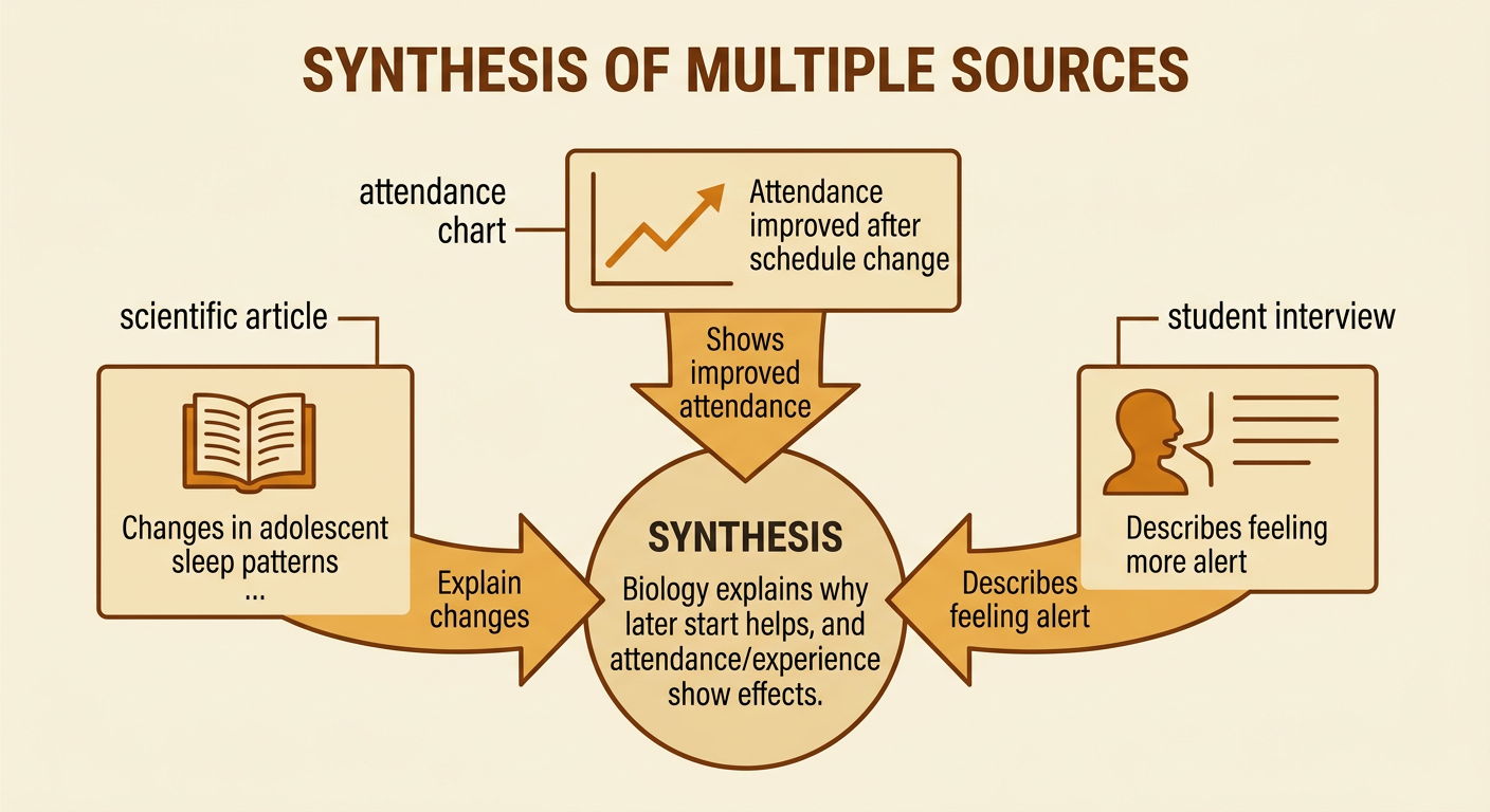 Three sources about later school start times point toward one combined conclusion in the center.